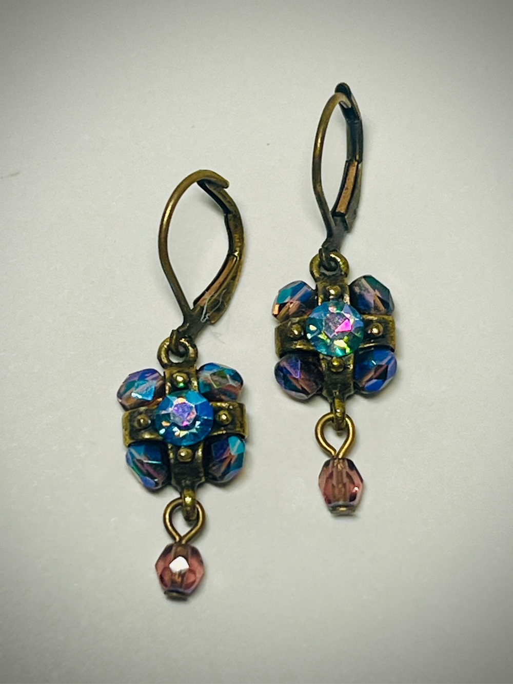 Michal Negrin Iridescent Blue Bronze AB Faceted Crystal Drop Earrings Leverback